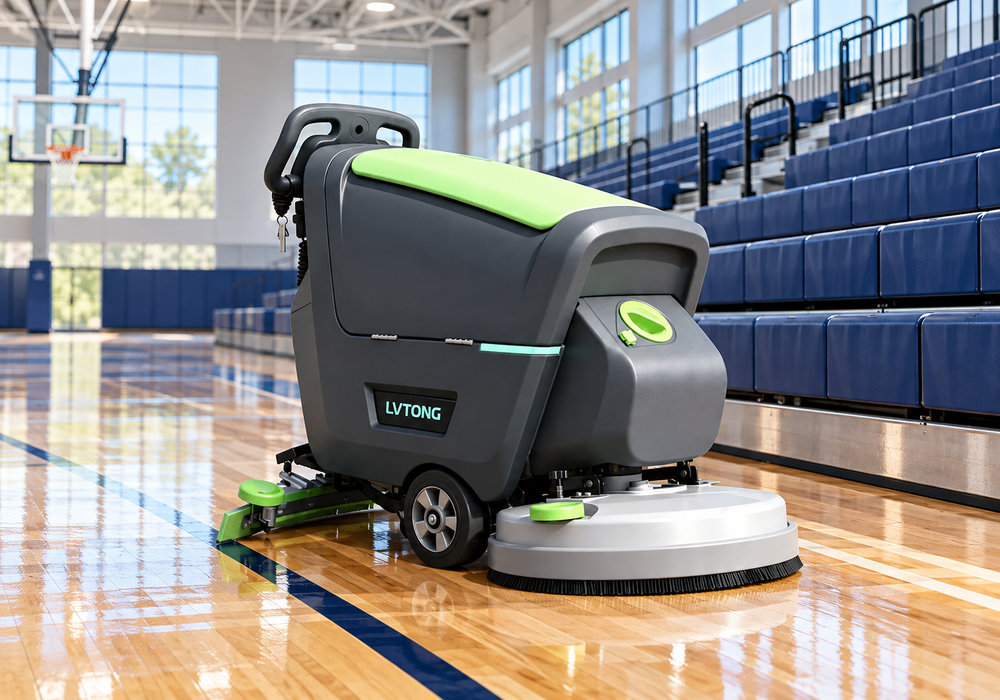 LVTONG LT-S530X Floor Scrubber on Gym Floor - LVTONG LVTONG LT-S530X walk-behind floor scrubber cleaning a large fieldhouse floor near the bleachers