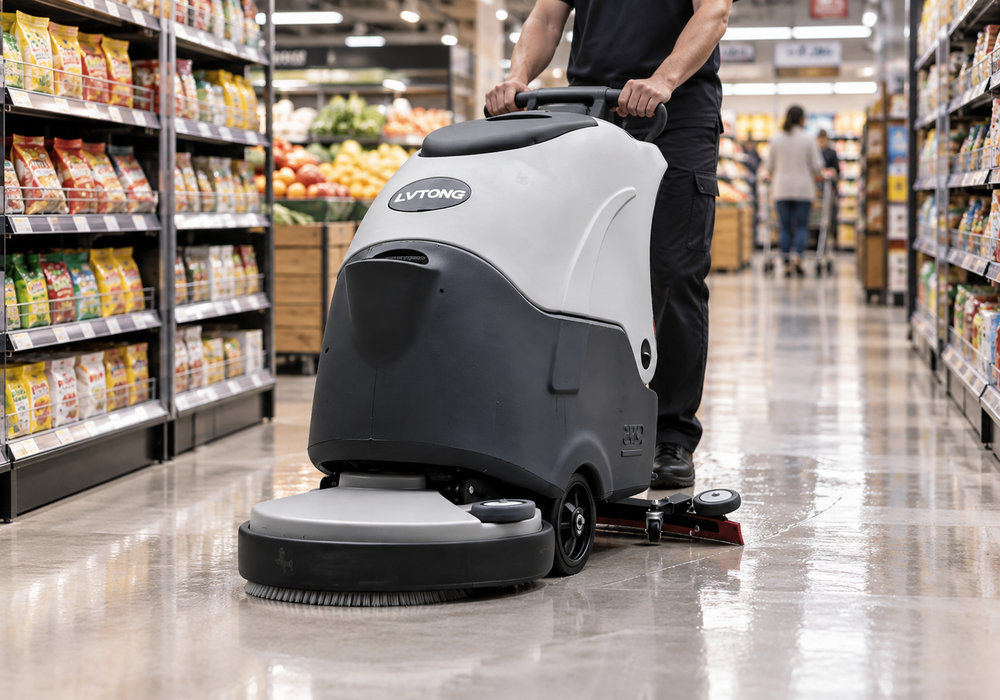 LVTONG Q5 Kompakte Scheuersaugmaschine - LVTONG LVTONG Q5 Kompakt-Scheuersaugmaschine reinigt einen Supermarktgang