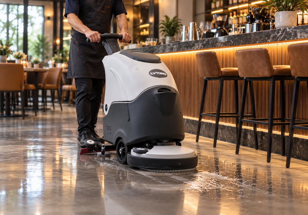 LVTONG Compact Floor Scrubber for Bar Area Spot Cleaning - LVTONG LVTONG compact floor scrubber performing spot cleaning near a restaurant bar counter
