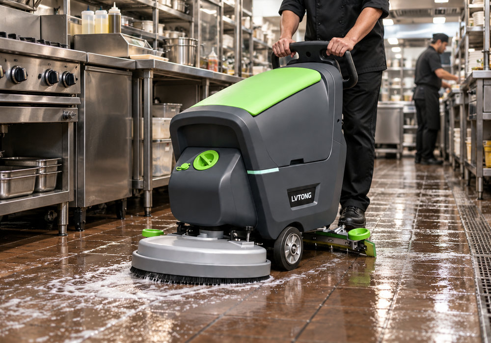 LVTONG Compact Floor Scrubber for Commercial Kitchen Cleaning - LVTONG LVTONG compact walk-behind floor scrubber cleaning a commercial kitchen line
