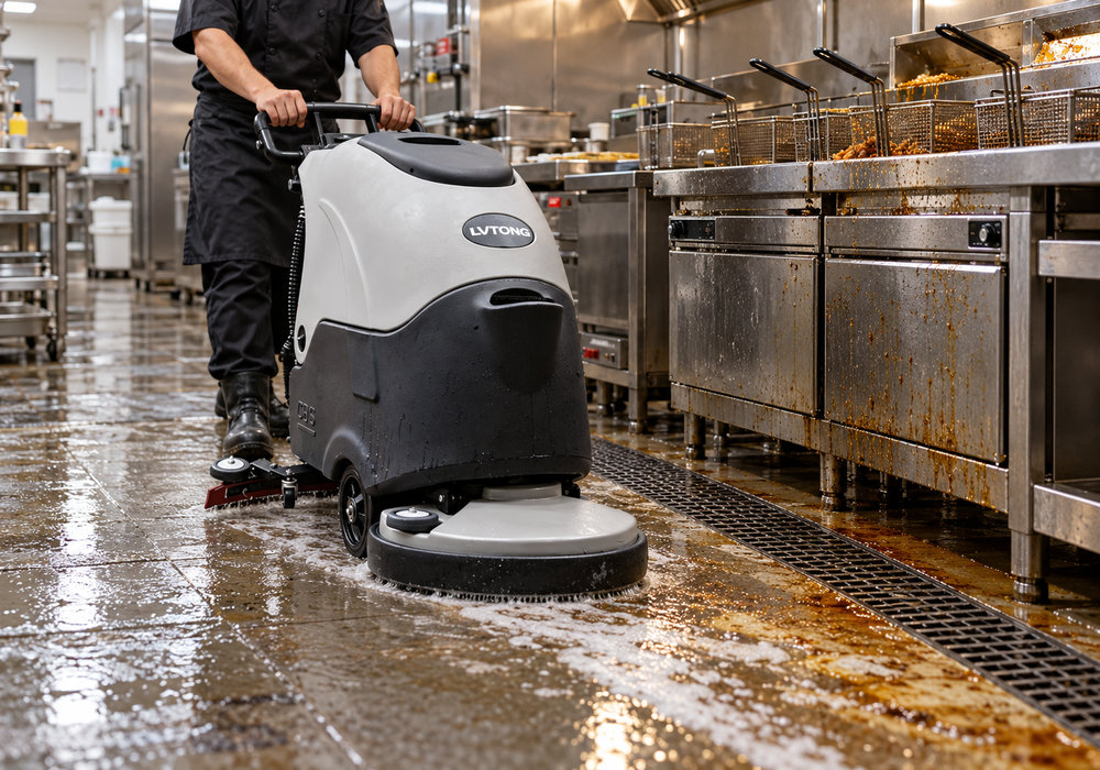 LVTONG Floor Scrubber for Heavy Grease Cleaning in Fryer Areas - LVTONG LVTONG floor scrubber cleaning heavy grease near commercial kitchen fryers
