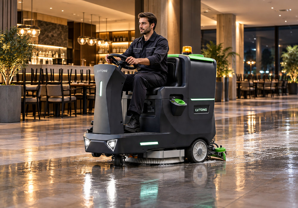 LVTONG Ride-On Floor Scrubber for After-Hours Restaurant Cleaning - LVTONG LVTONG ride-on floor scrubber cleaning a restaurant floor after closing