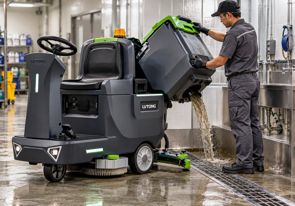 LVTONG Ride-On Floor Scrubber Recovery Tank Emptying - LVTONG LVTONG ride-on floor scrubber recovery tank being emptied into a floor drain