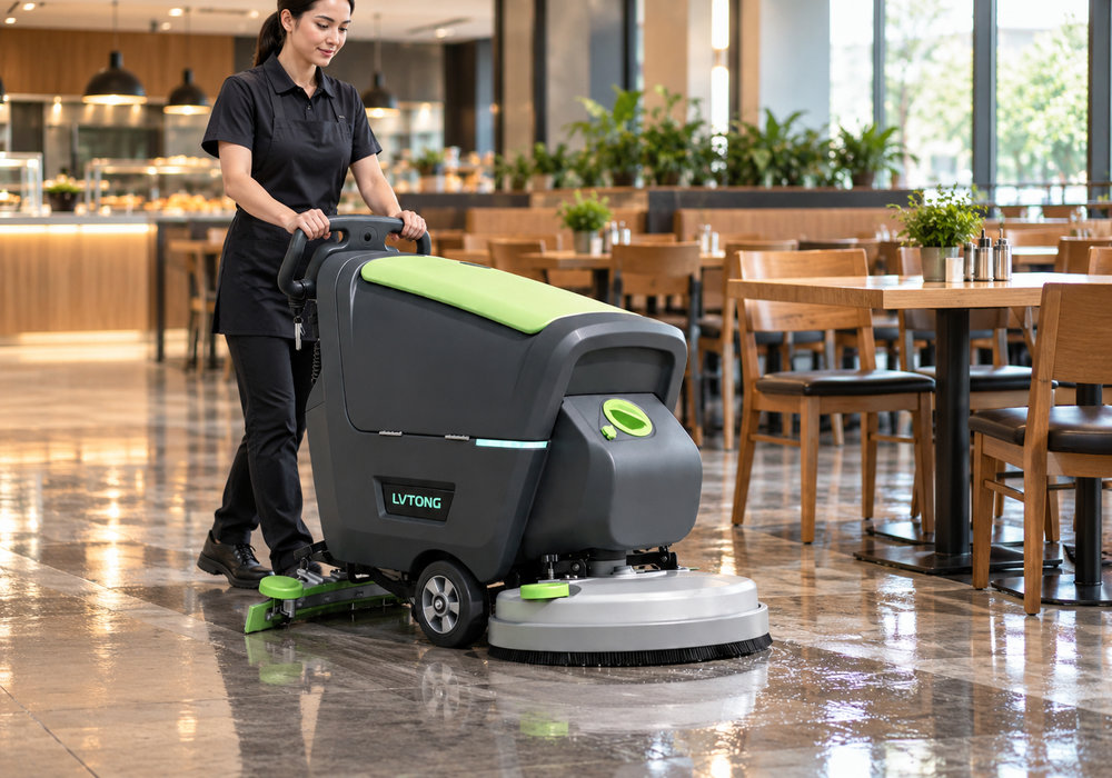 LVTONG Walk-Behind Floor Scrubber for Restaurant Cleaning - LVTONG LVTONG walk-behind floor scrubber cleaning a restaurant dining area