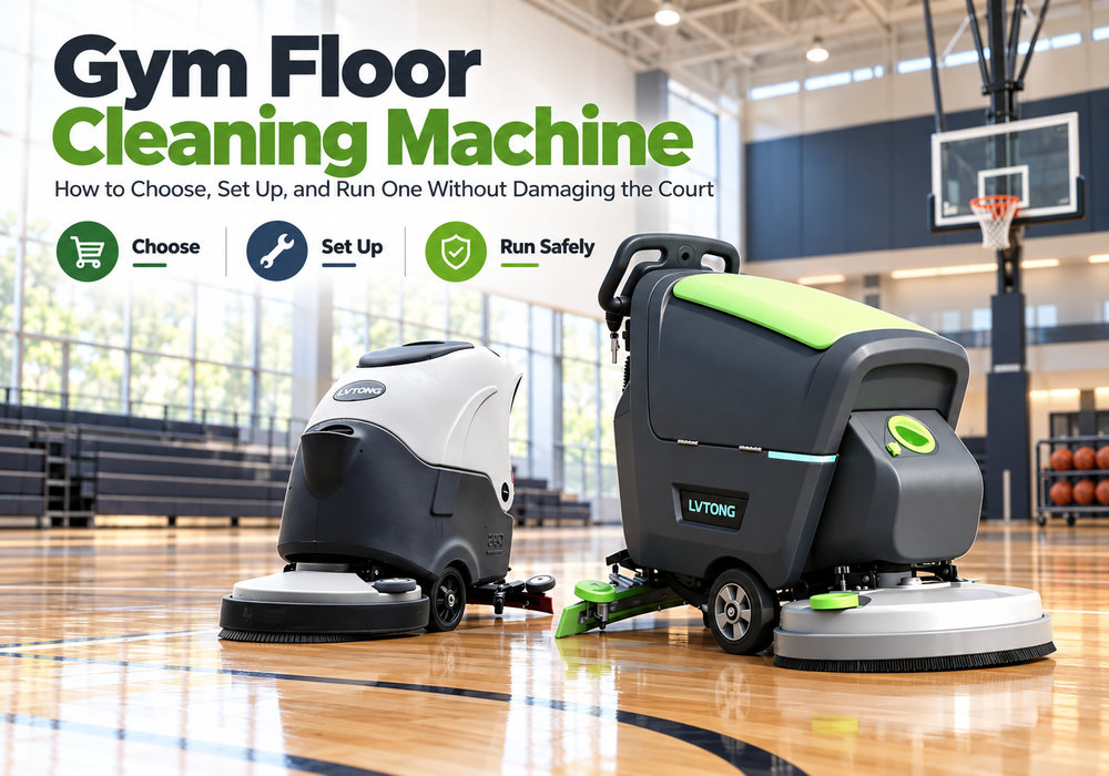 Two LVTONG gym floor cleaning machines on a polished indoor basketball court - LVTONG - LVTONG Two LVTONG gym floor cleaning machines on a polished indoor basketball court