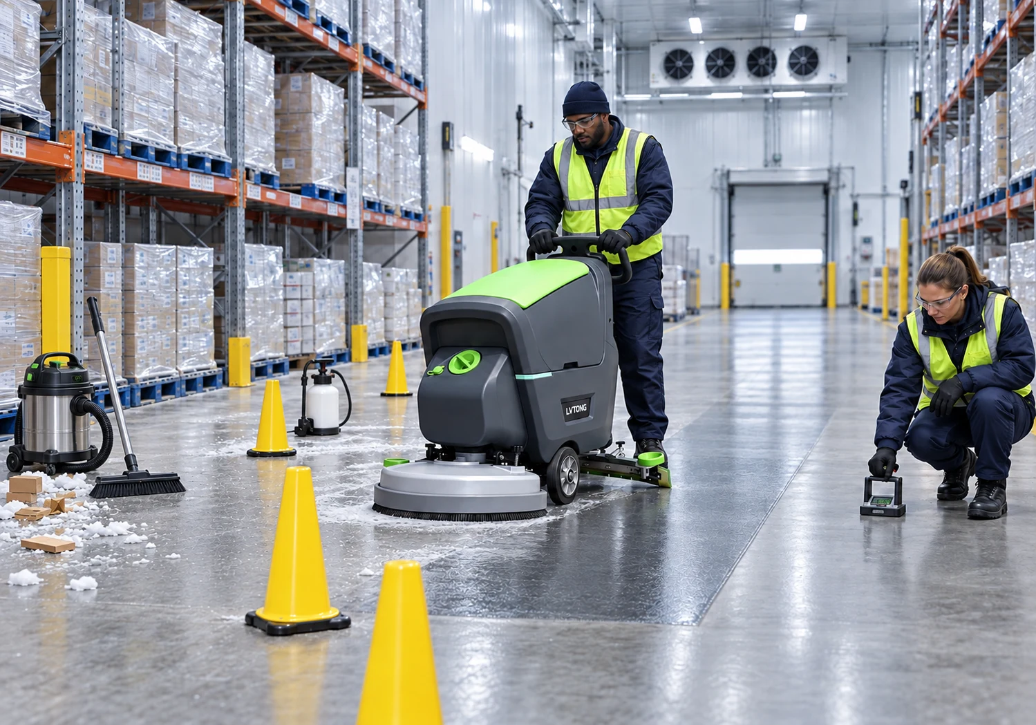 Cold-storage crew removes debris, uses minimal solution, recovers liquid immediately, and checks floor traction.