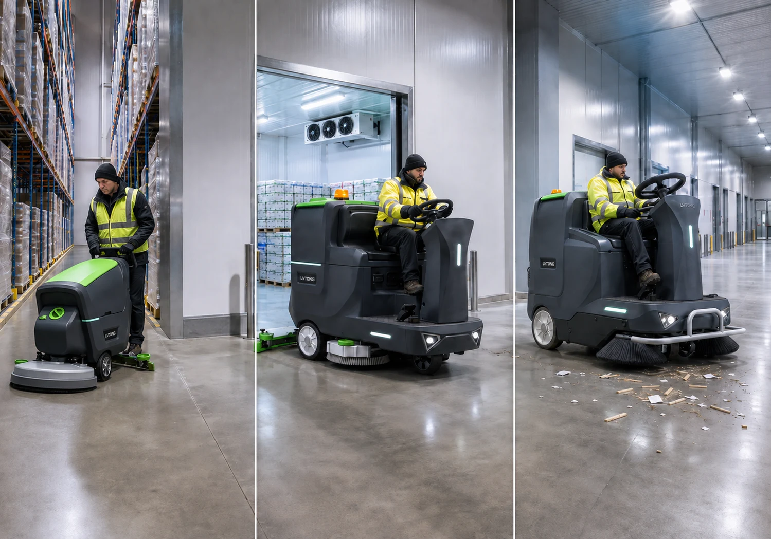 LVTONG LT-S530X, LT-S860X, and LT-S1350S shown for narrow-aisle scrubbing, open-area cleaning, and dry-debris removal; sub-zero operation requires project-specific validation.