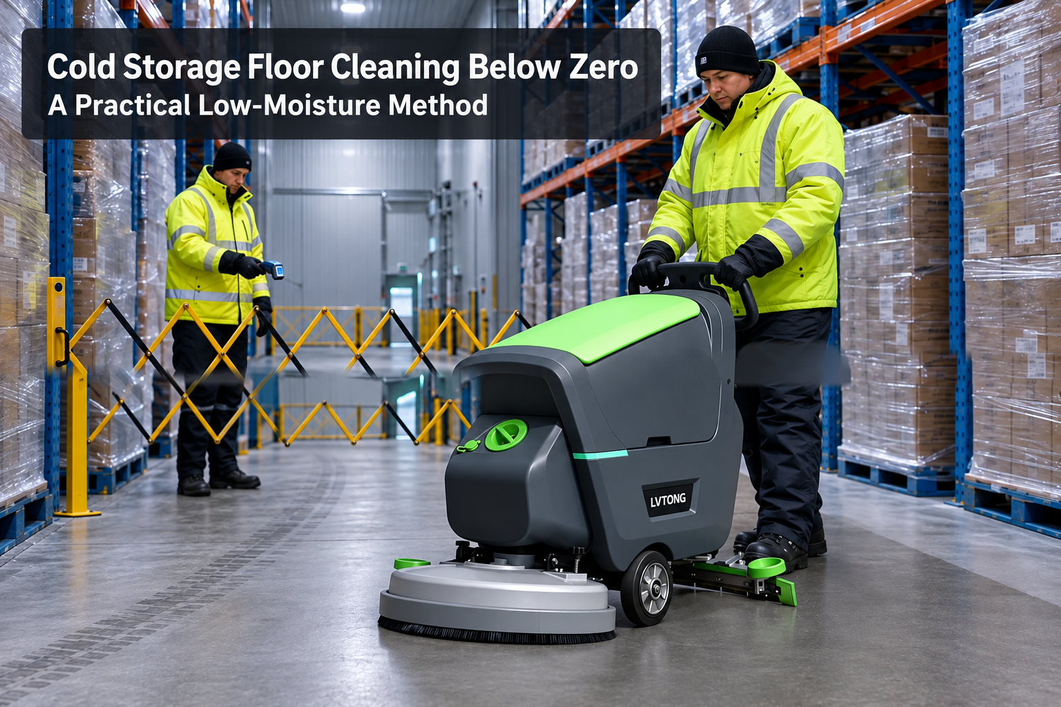 Cold Storage Floor Cleaning Below Zero: A Practical Low-Moisture Method - LVTONG - LVTONG Cold Storage Floor Cleaning Below Zero: A Practical Low-Moisture Method — LVTONG LT-S530X shown in a narrow cold-storage aisle; sub-zero operation requires project-specific temperature validation.