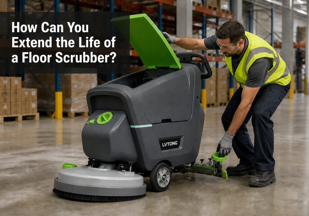 How Can You Extend the Life of a Floor Scrubber? - LVTONG - LVTONG Facility technician performing routine maintenance on a LVTONG floor scrubber in a modern warehouse.