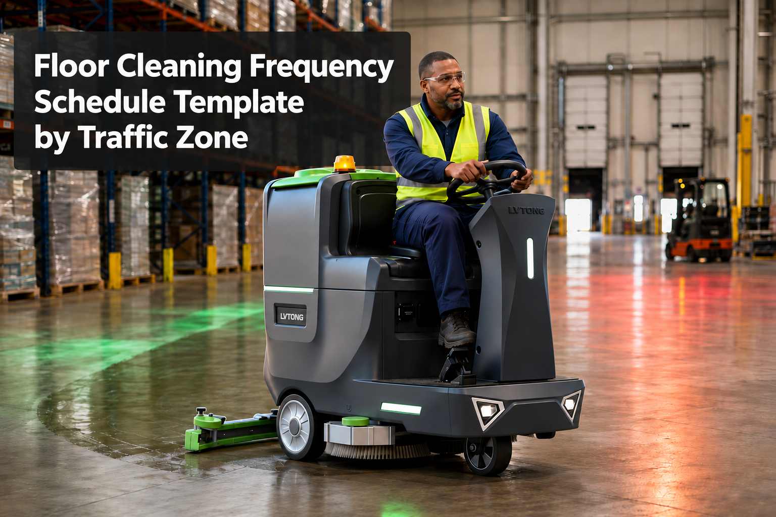 Floor Cleaning Frequency Schedule Template by Traffic Zone - LVTONG - LVTONG Floor Cleaning Frequency Schedule Template by Traffic Zone – LVTONG ride-on floor scrubber in a warehouse.