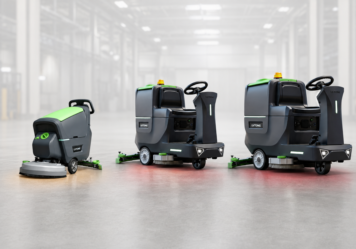 Autolaveuses de sol LVTONG LT-S530X, LT-S710X et LT-S860X présentées pour différentes zones de trafic.