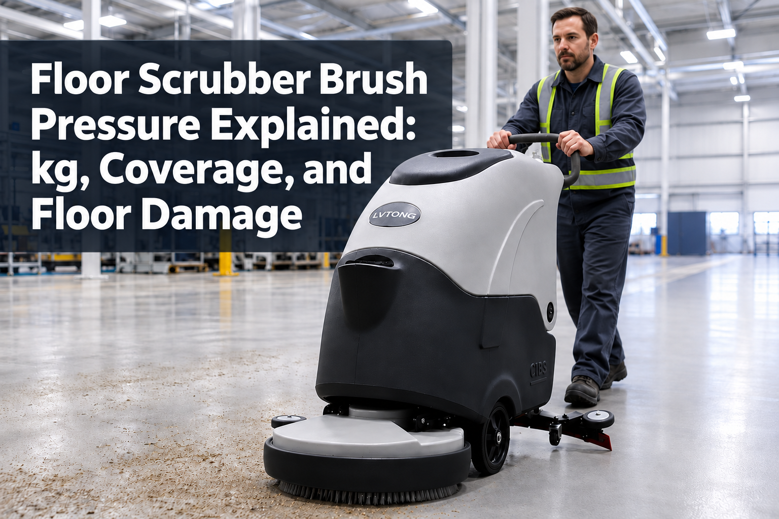 Floor Scrubber Brush Pressure Explained: kg, Coverage, and Floor Damage - LVTONG - LVTONG Floor Scrubber Brush Pressure Explained: kg, Coverage, and Floor Damage – LVTONG walk-behind scrubber operating in a factory.