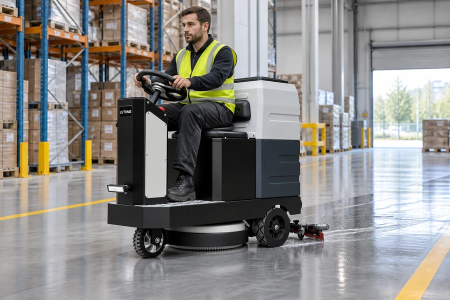 An operator drives an LVTONG V6 ride-on floor scrubber across an epoxy warehouse floor
