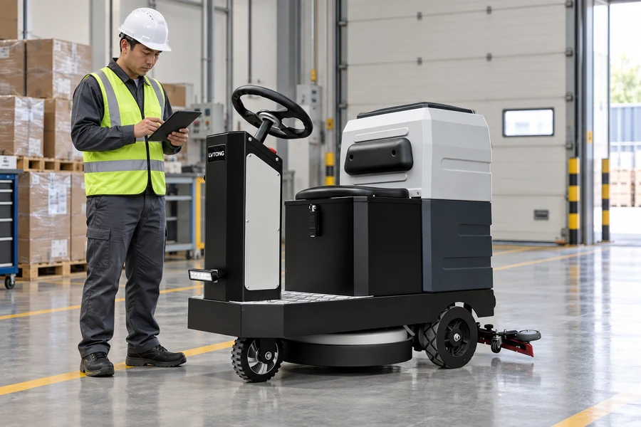 An inspector checks the LVTONG V6 ride-on floor scrubber’s model, serial, battery, and charger records before shipment