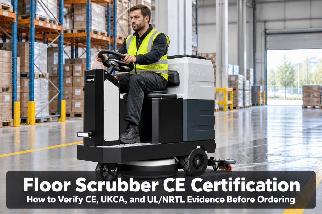 CE-Zertifizierung für Scheuersaugmaschinen: So prüfen Sie CE-, UKCA- und UL/NRTL-Zertifikate vor der Bestellung – Ein Bediener fährt eine LVTONG V6 Aufsitz-Scheuersaugmaschine über einen Epoxidharzboden in einer Lagerhalle.