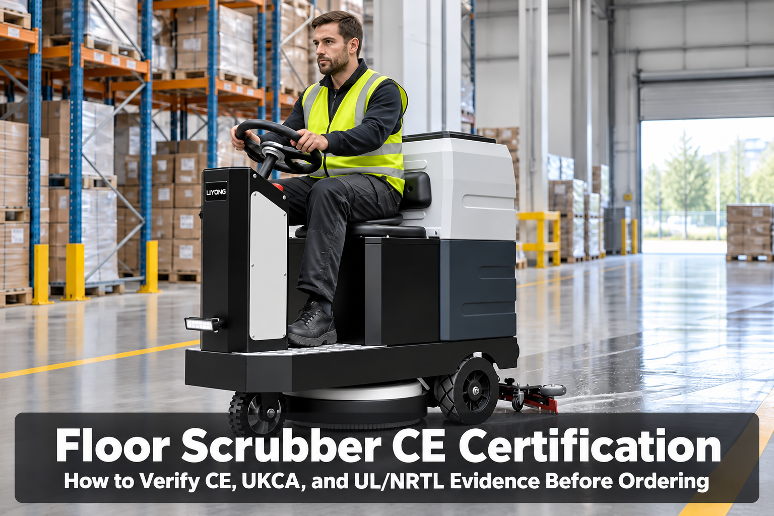 Certificação CE para lavadoras de piso: como verificar as certificações CE, UKCA e UL/NRTL antes de fazer o pedido - LVTONG - LVTONG Certificação CE para Lavadoras de Piso: Como Verificar as Evidências CE, UKCA e UL/NRTL Antes de Fazer o Pedido — Um operador dirige uma lavadora de piso autopropelida LVTONG V6 em um piso de epóxi de um armazém.