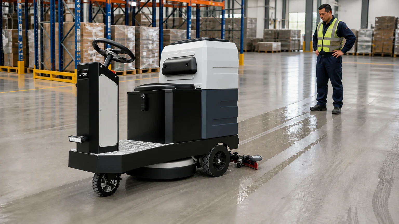 LVTONG floor scrubber leaving wet streaks on an epoxy warehouse floor during inspection