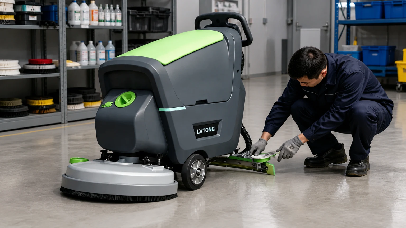 Operator inspecting the squeegee blade and recovery path on a LVTONG floor scrubber