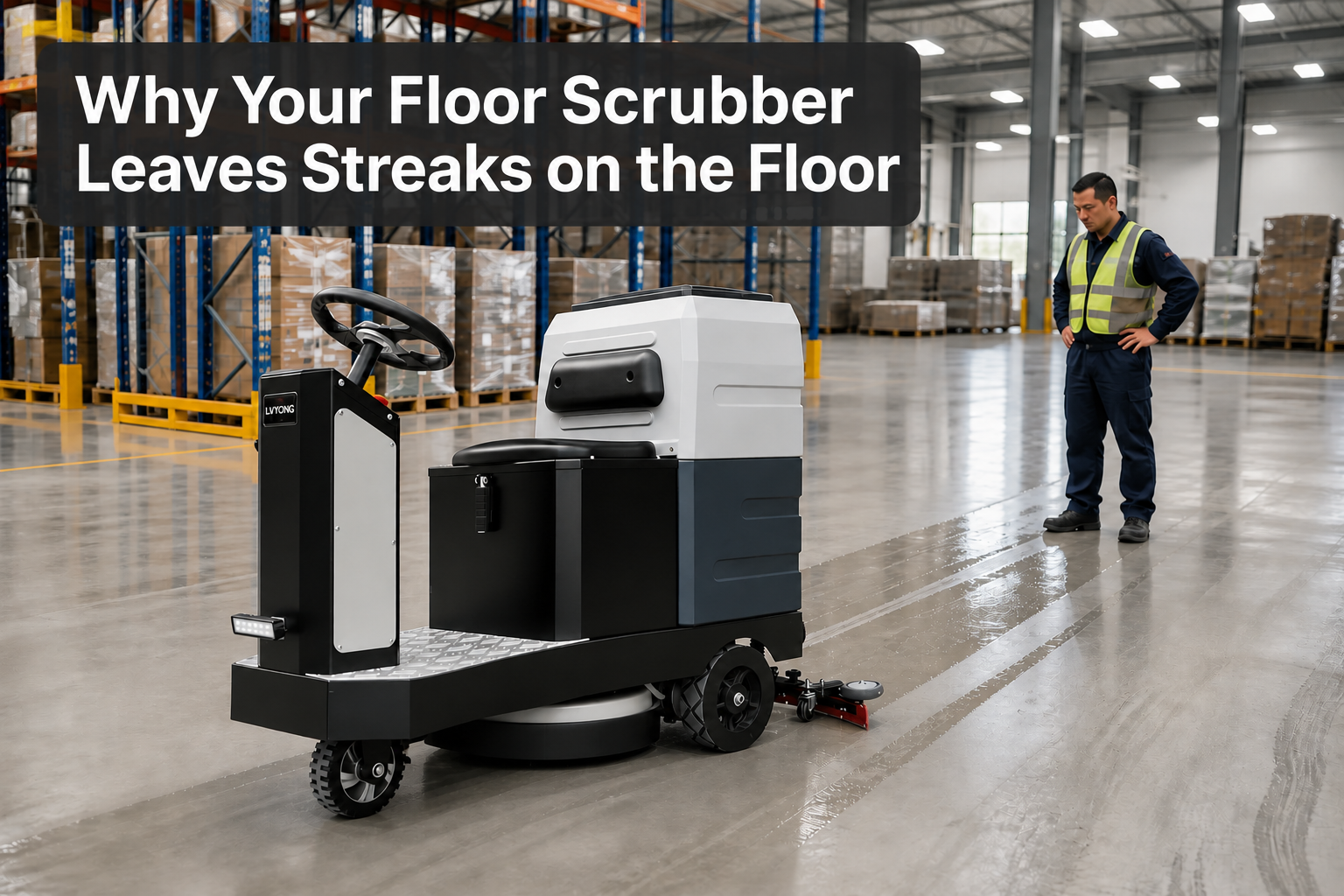 Why Your Floor Scrubber Leaves Streaks on the Floor - LVTONG - LVTONG Why Your Floor Scrubber Leaves Streaks on the Floor — LVTONG floor scrubber leaving wet streaks on an epoxy warehouse floor during inspection