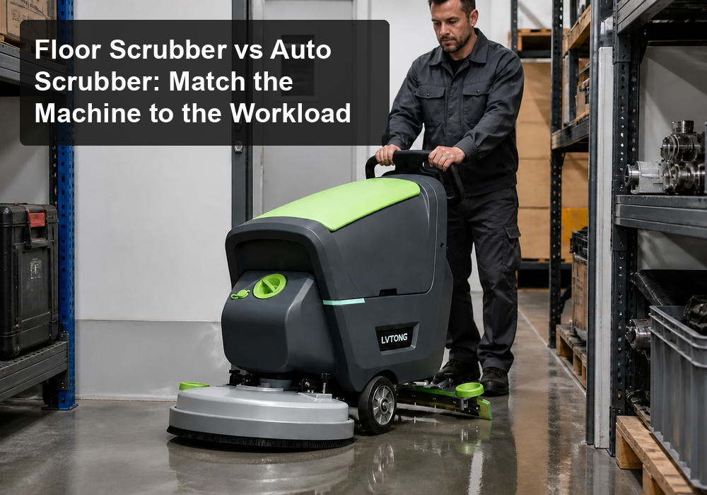 Floor Scrubber vs Auto Scrubber: Match the Machine to the Workload - LVTONG - LVTONG Worker operating a green-and-gray auto floor scrubber in a warehouse aisle.