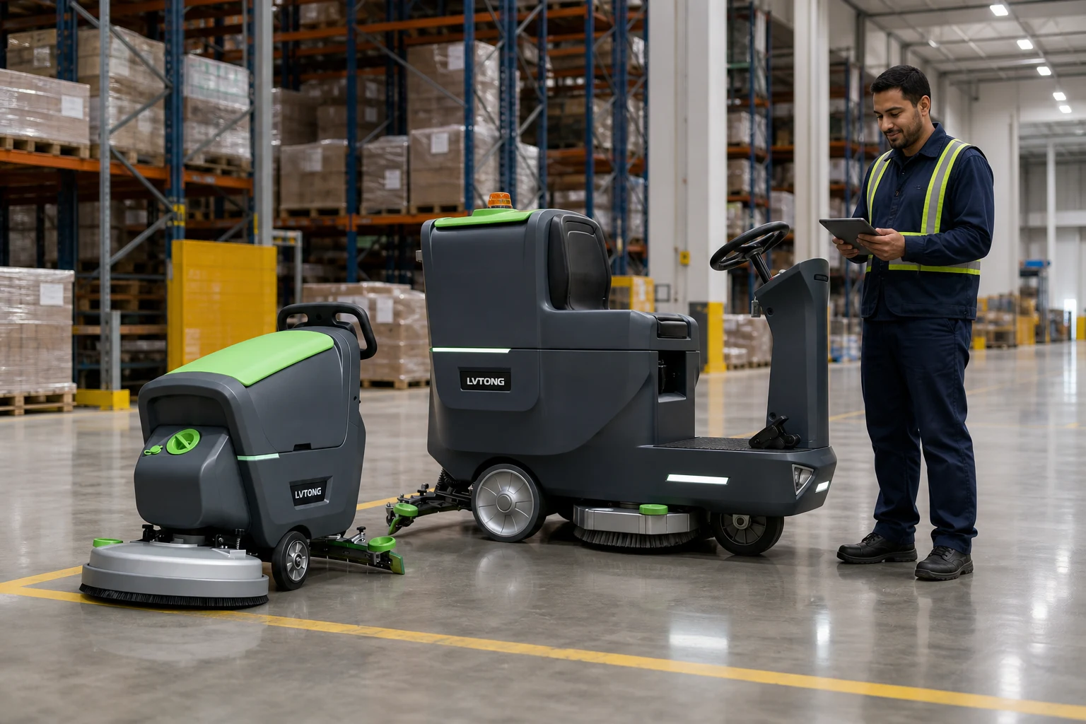 Compact walk-behind and large ride-on LVTONG floor scrubbers in a North American warehouse, illustrating the range of machine sizes and weights.