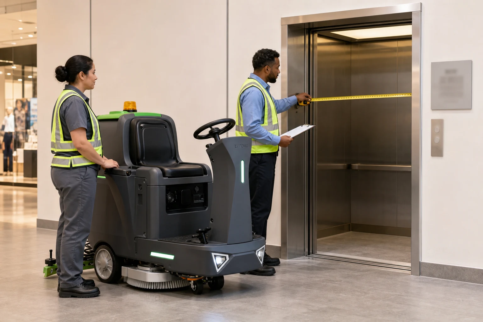 Facility staff checking doorway clearance and elevator access for an LVTONG ride-on floor scrubber.