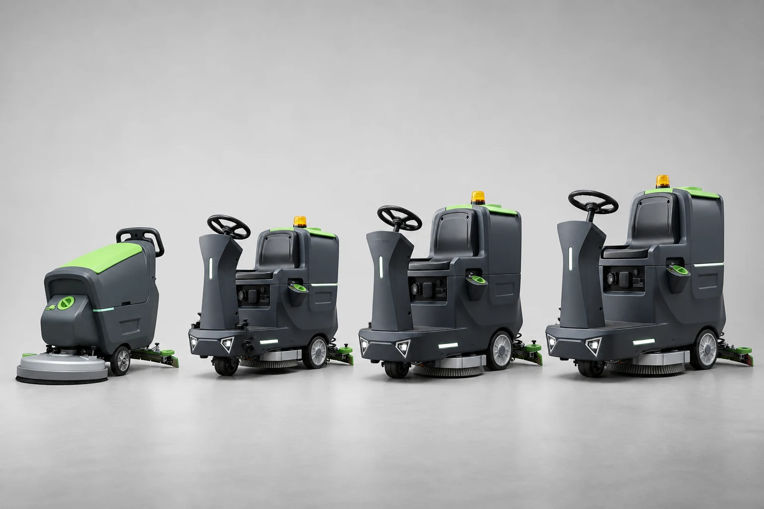 LVTONG floor scrubber lineup from compact walk-behind to large ride-on models on a light gray studio background.