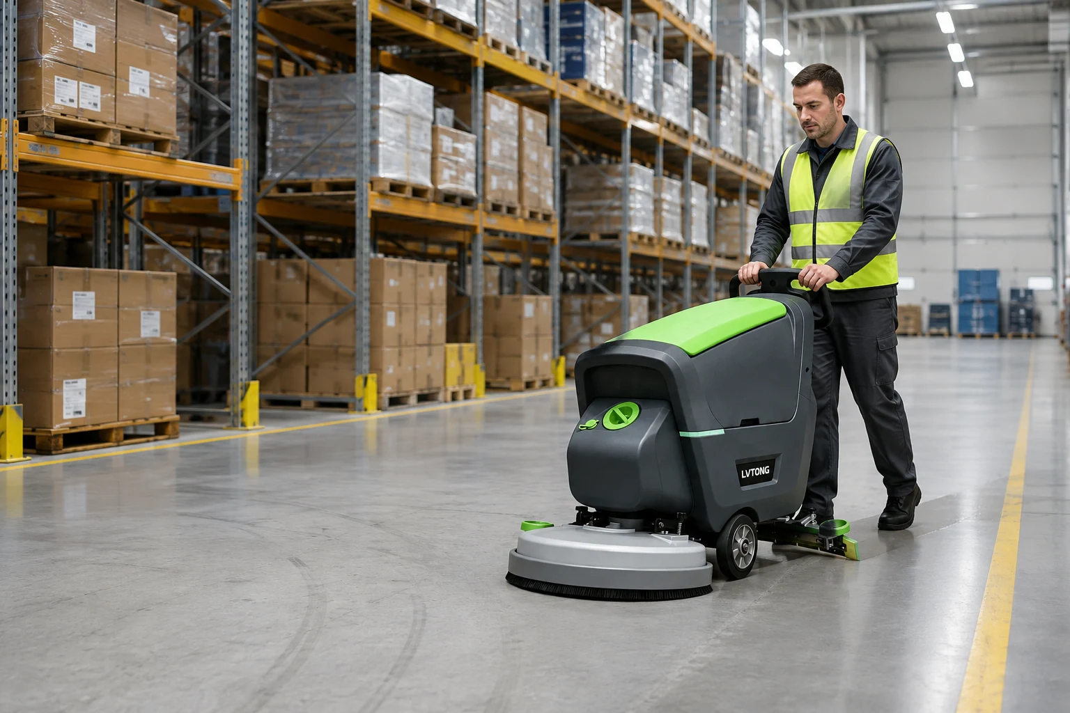 A maintenance worker is using the LT-S530X to clean the epoxy floor of a modern warehouse.