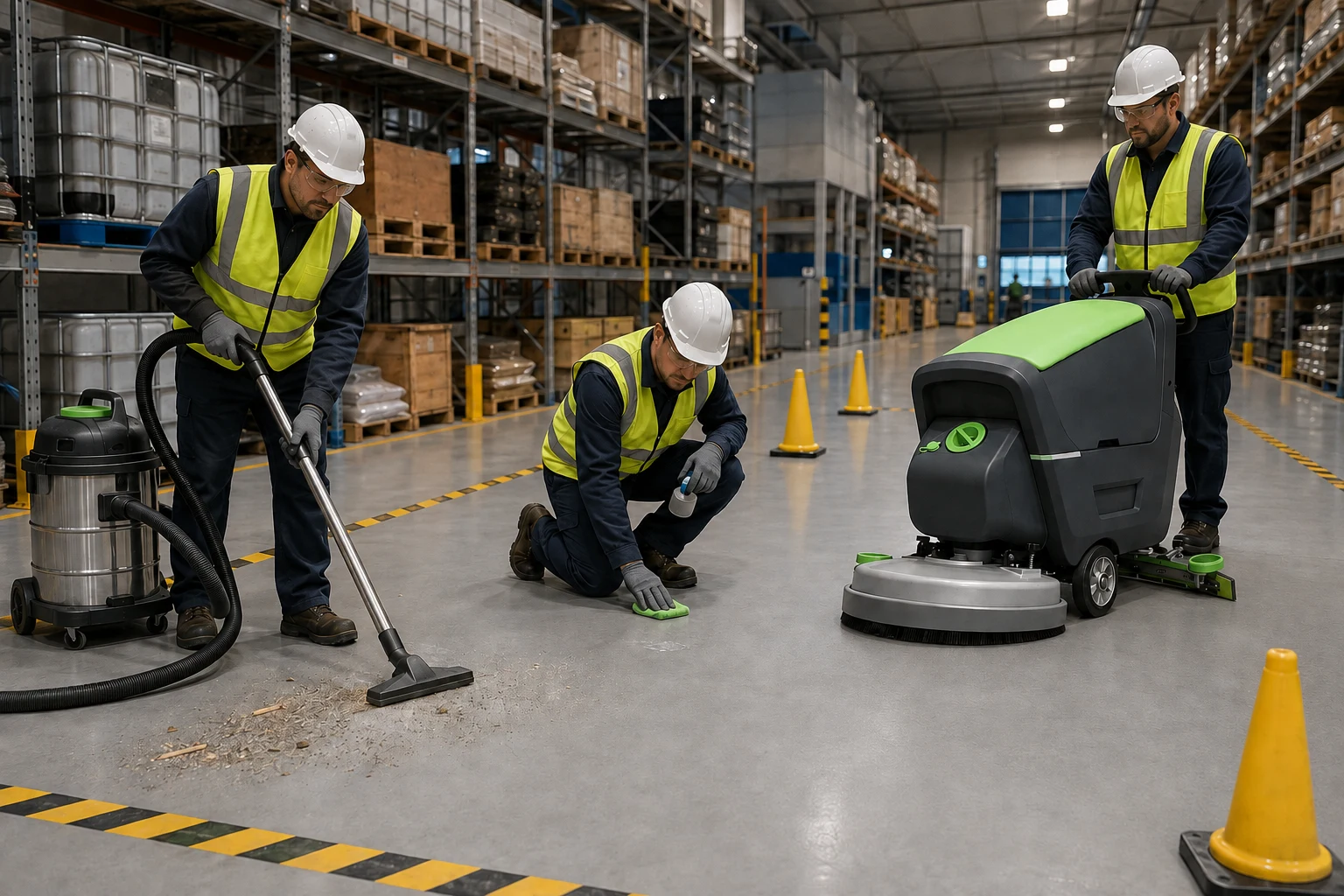 Safe epoxy floor cleaning sequence from dry debris removal to gentle scrubbing and water recovery.