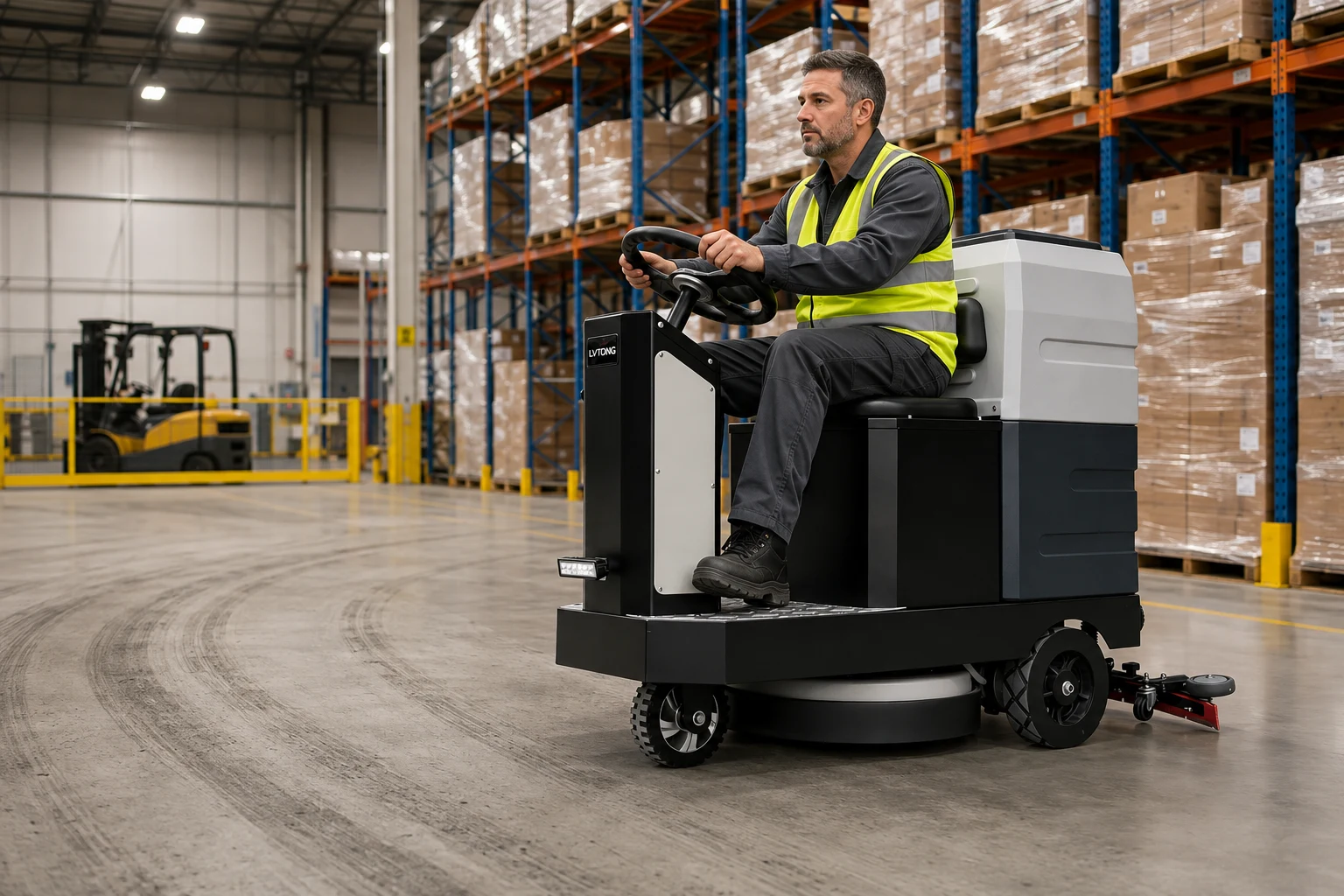 V6 ride-on scrubber removing forklift tire marks from an epoxy warehouse floor.