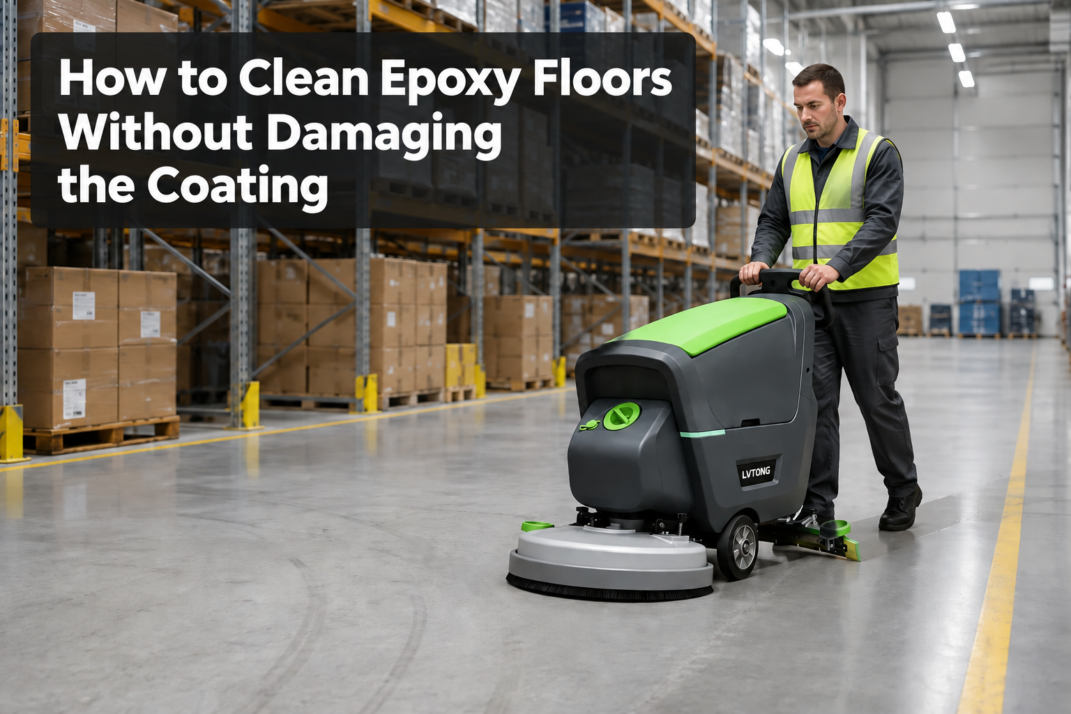 How to Clean Epoxy Floors Without Damaging the Coating - LVTONG - LVTONG How to Clean Epoxy Floors Without Damaging the Coating — A maintenance worker is using the LT-S530X to clean the epoxy floor of a modern warehouse.