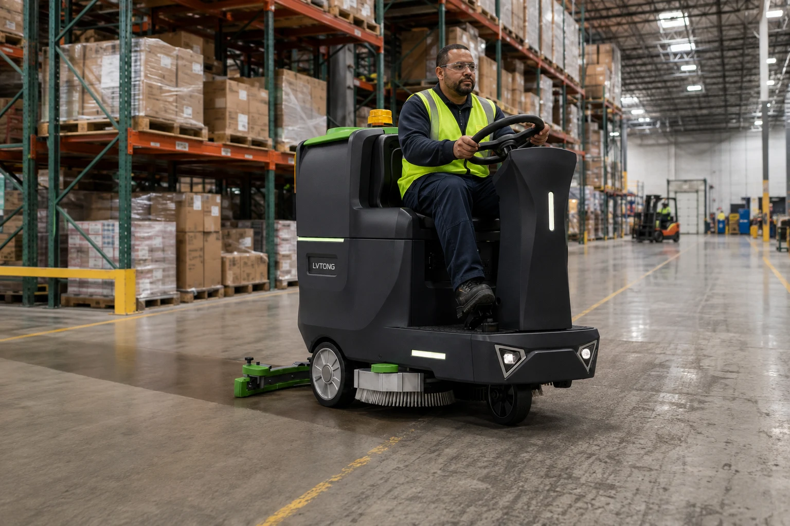 LVTONG LT-S860X ride-on floor scrubber cleaning a wide warehouse aisle during a productivity trial.