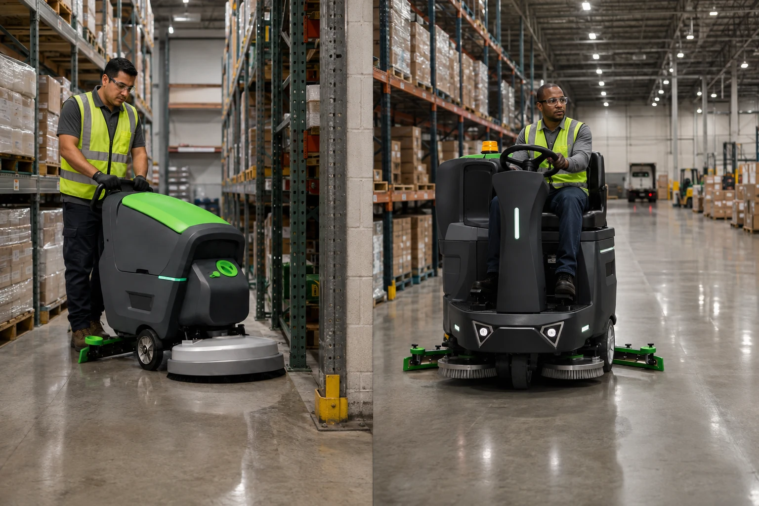 LVTONG LT-S530X walk-behind and LT-S860X ride-on scrubbers matched to narrow and wide warehouse aisles.