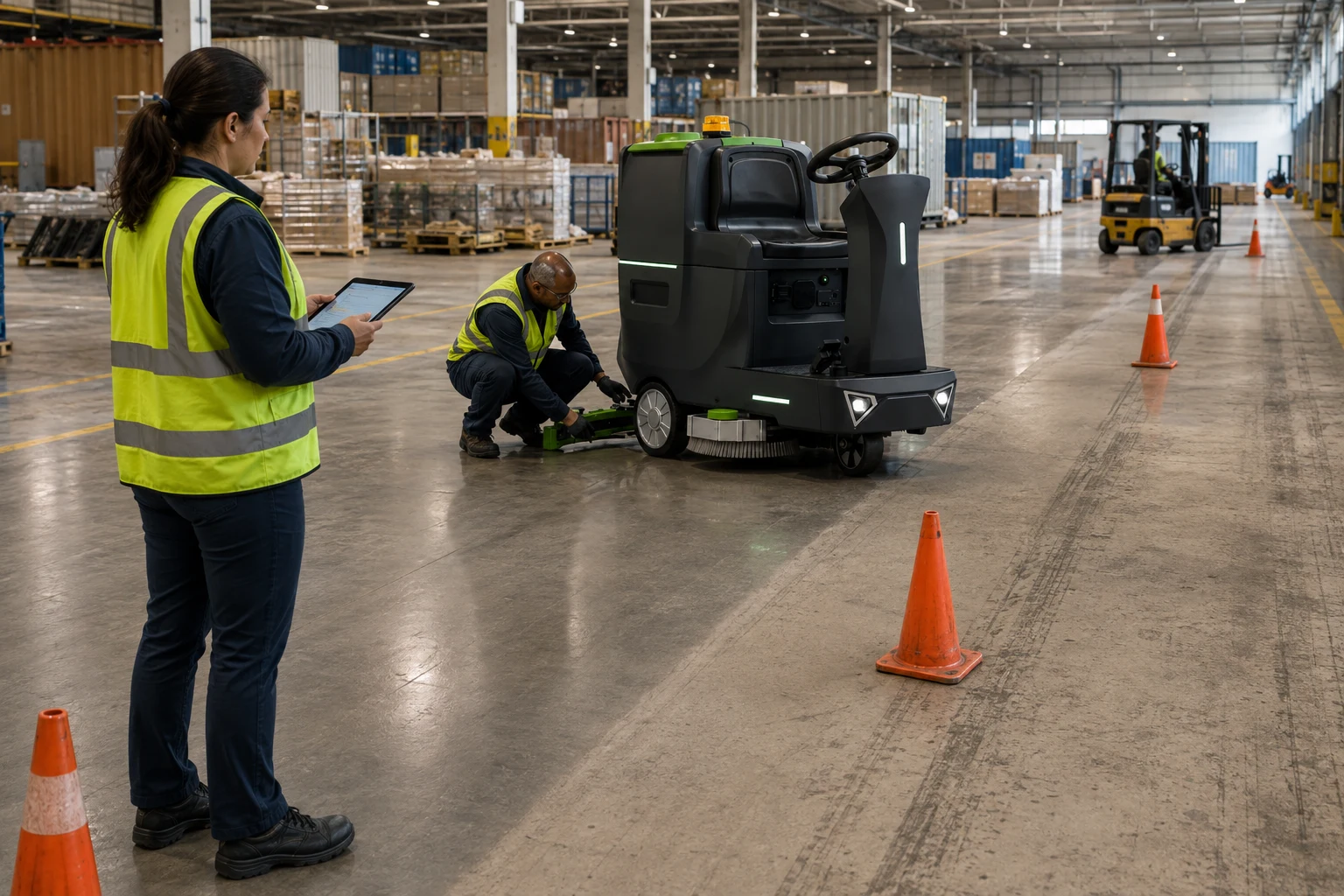 Facilities team timing a 60-minute LT-S860X floor scrubber site trial and inspecting the cleaned floor.