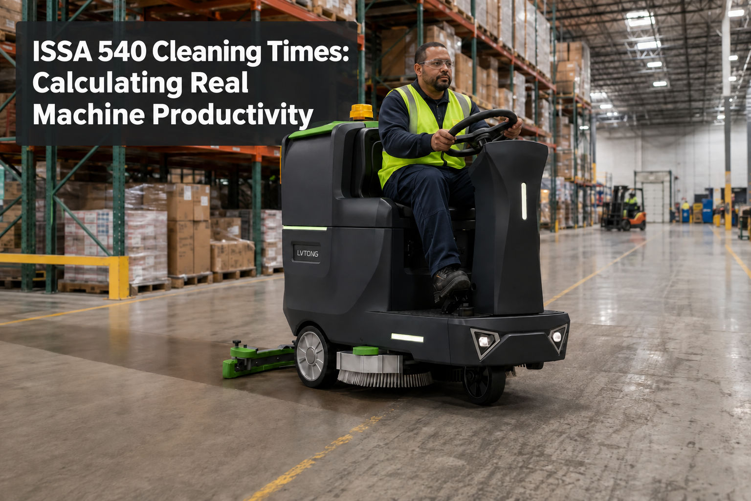 ISSA 540 Cleaning Times: Calculating Real Machine Productivity - LVTONG - LVTONG ISSA 540 Cleaning Times: Calculating Real Machine Productivity — LVTONG LT-S860X ride-on floor scrubber cleaning a wide warehouse aisle during a productivity trial.