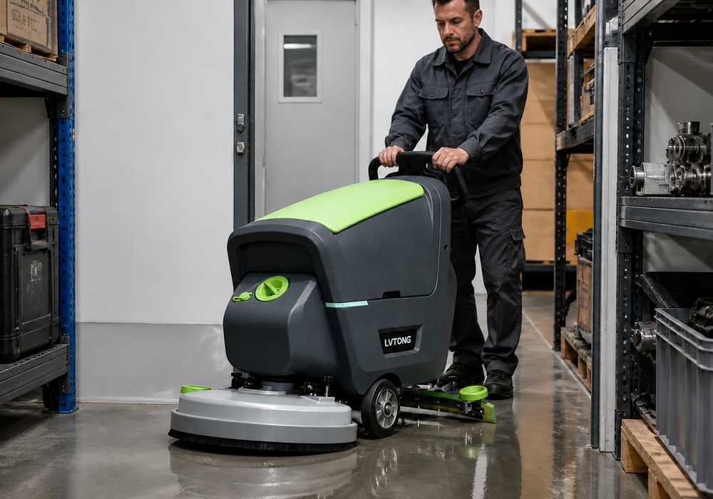 LT-S530X Walk-Behind Floor Scrubber in a Narrow Warehouse Aisle LT-S530X walk-behind floor scrubber cleaning a narrow warehouse aisle with tight turning space.