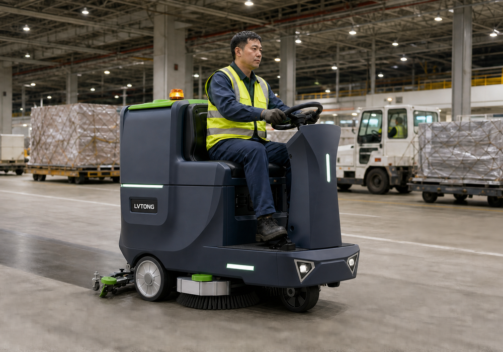LVTONG LT-S860X Ride-On Floor Scrubber at Guangzhou Airport LVTONG LT-S860X ride-on floor scrubber cleaning a large airport cargo floor in Guangzhou.