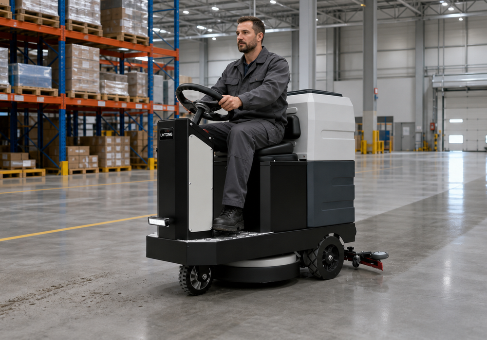 V6 Ride-On Floor Scrubber on a Long Epoxy Warehouse Route V6 ride-on floor scrubber cleaning a long epoxy warehouse route with tire marks and water recovery.