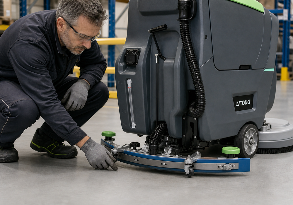 Technician Checking a Walk-Behind Floor Scrubber Before Operation Technician checking the curved scraper, hose and wheel before operating a walk-behind floor scrubber.