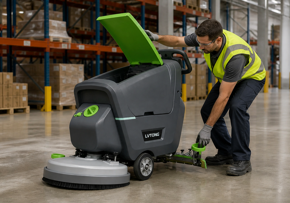 Technician Inspecting a LVTONG Floor Scrubber During Routine Maintenance Technician inspecting a LVTONG floor scrubber during routine maintenance in a warehouse.