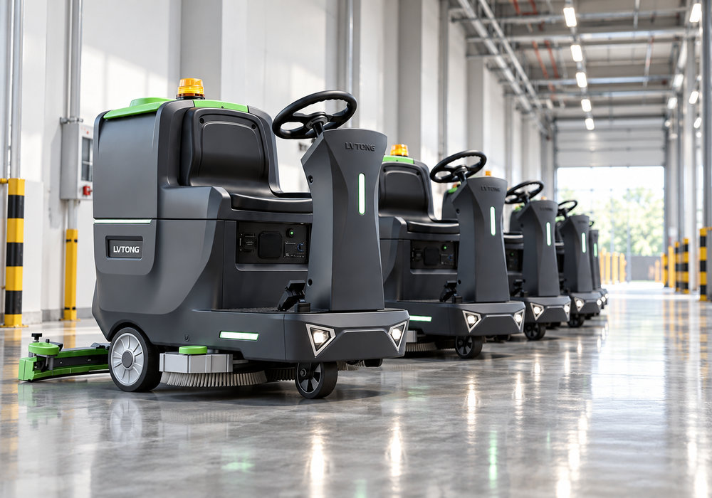 LVTONG Floor Scrubber Fleet Management - LVTONG A fleet of LVTONG ride-on floor scrubbers lined up in a commercial facility corridor.