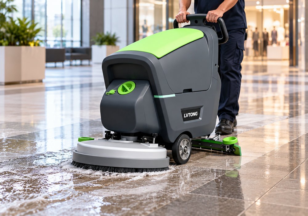 Commercial Floor Scrubber in Operation on Hard Floors - LVTONG LVTONG walk-behind floor scrubber cleaning a commercial hard floor while an operator guides the machine
