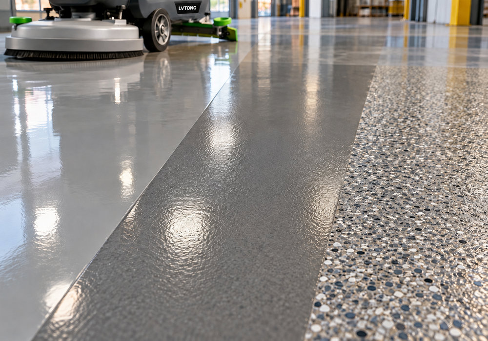 Identify the Epoxy Coating System Before Choosing a Machine - LVTONG Close-up comparison of epoxy, urethane topcoat, and broadcast floor surfaces beside a LVTONG scrubber