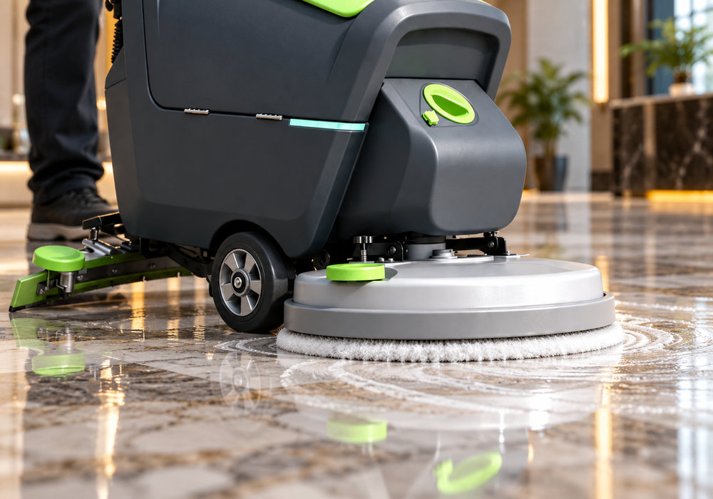 LVTONG Soft Cleaning Pad for Polished Marble Floor Maintenance - LVTONG Close-up of LVTONG floor scrubber using a soft white cleaning pad on polished marble