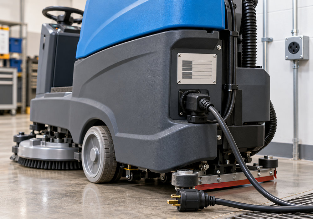 Floor Scrubber Charger Nameplate and Power Connection Details - LVTONG Close-up of a commercial floor scrubber charging connector, electrical nameplate and power cable