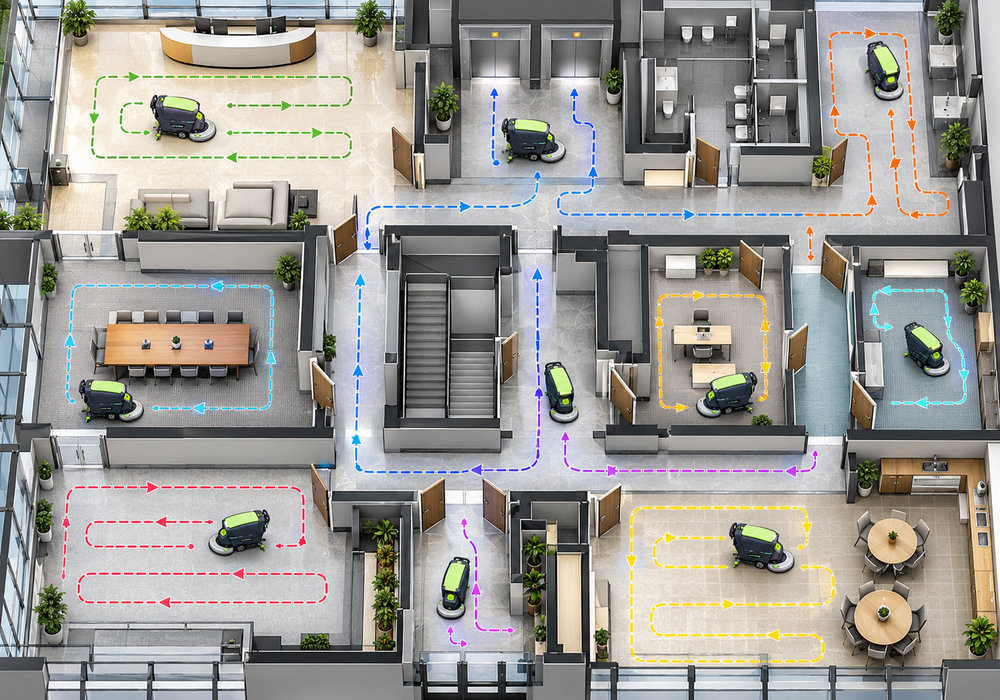 Commercial Floor Scrubber Route Planning for Multi-Zone Facilities - LVTONG Commercial floor scrubber cleaning route layout showing multiple rooms, corridors, doors and elevator access points