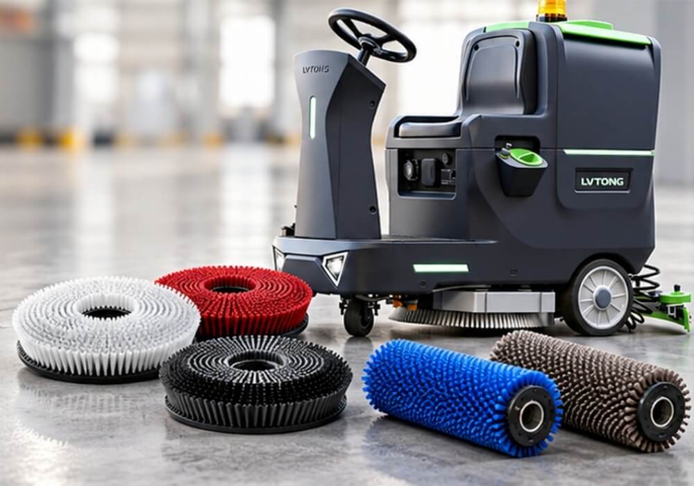 Floor Scrubber Brush Types and Stiffness Selection - LVTONG Профессиональная поломоечная машина с белыми, красными и черными дисковыми щетками и синими цилиндрическими щетками в комплекте.