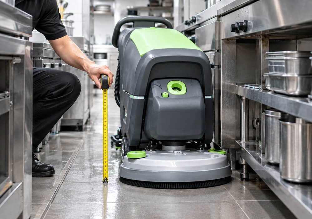 Medindo uma lavadora de pisos compacta para espaços apertados - LVTONG Lavadora de pisos compacta sendo medida para verificar a folga necessária em um corredor estreito de cozinha comercial.