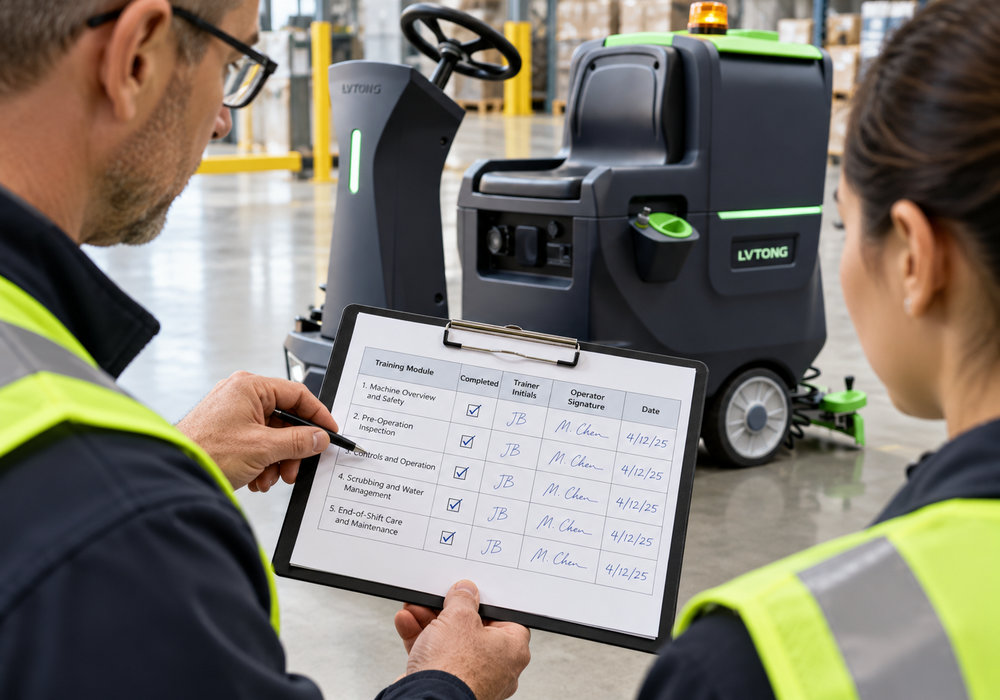 Floor Scrubber Operator Competency Assessment and Training Records - LVTONG Supervisor reviewing a signed floor scrubber operator training record beside a LVTONG ride-on cleaning machine