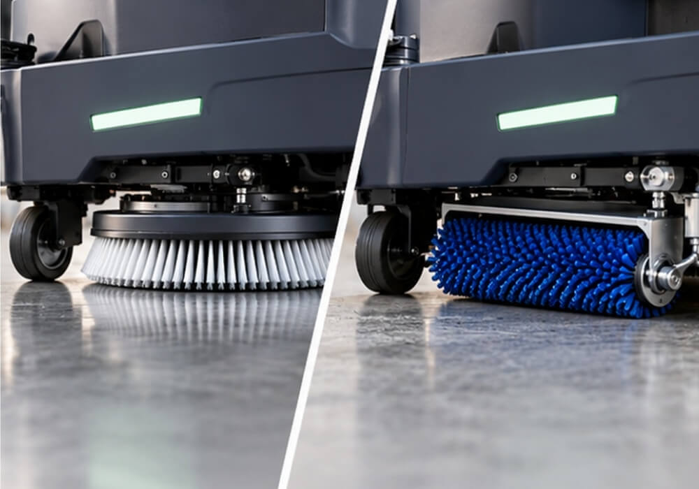 Disc vs Cylindrical Floor Scrubber Brush Comparison - LVTONG Сравнение чистящих устройств поломоечных машин с дисковыми и цилиндрическими роликовыми щетками.